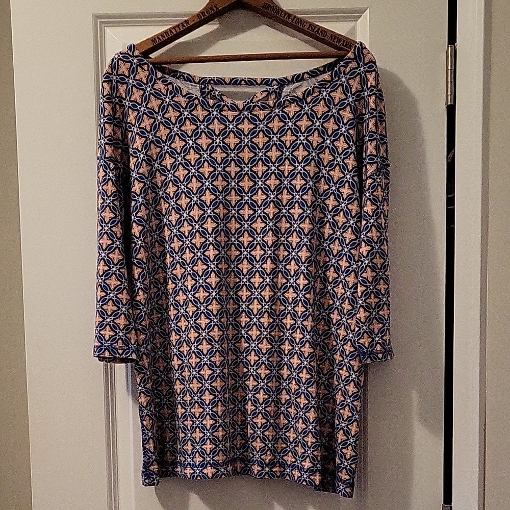 Talbots Blue and Peach Geometric Long Sleeve Top